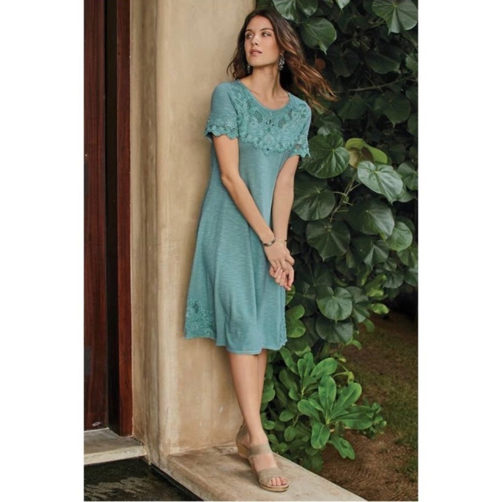 Soft Surroundings Tiki Town Embroidered Applique Cotton Modal Green Dress Small